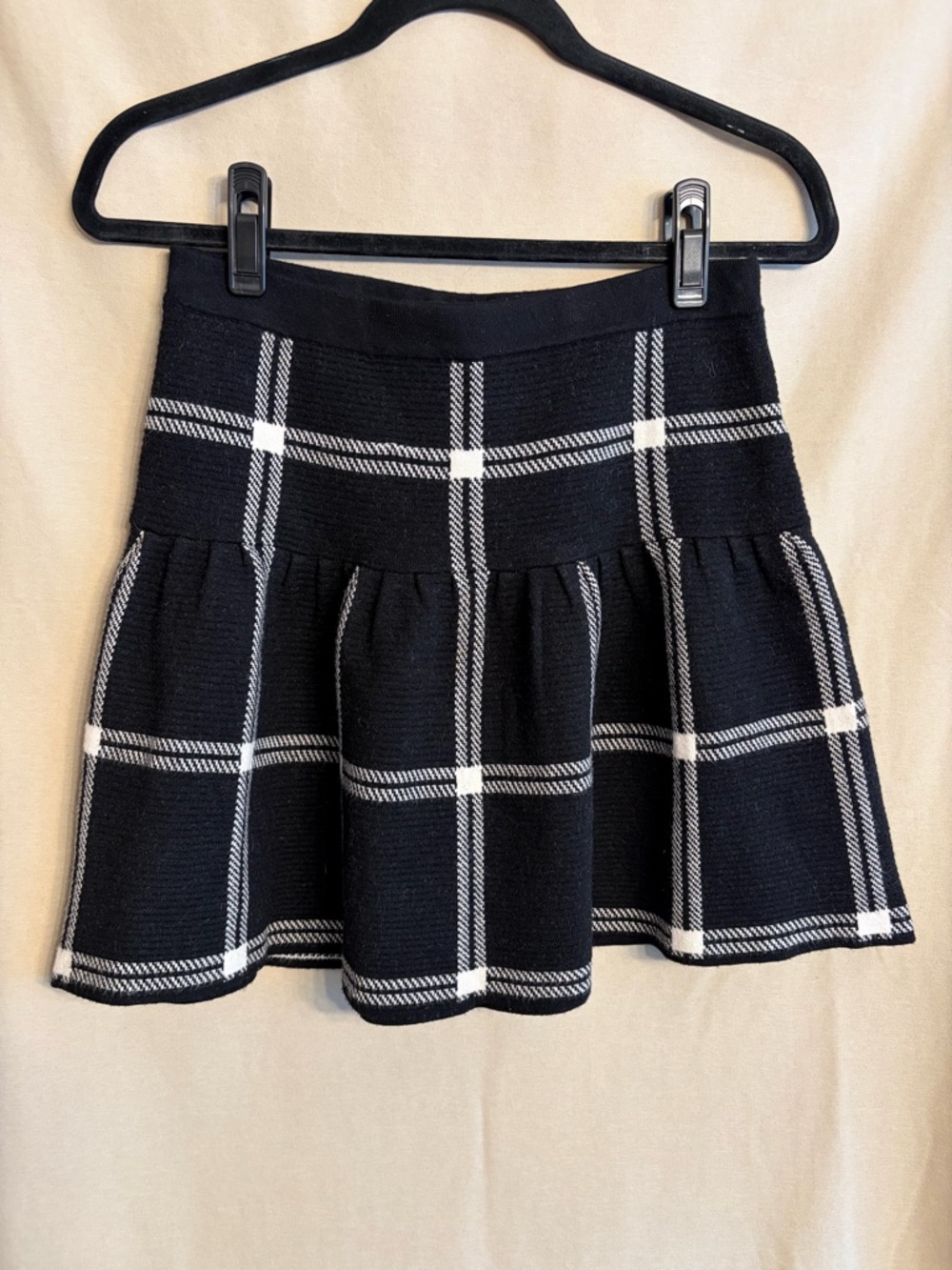 Cynthia Rowley Black & White Plaid Flared Skirt Wool Blend